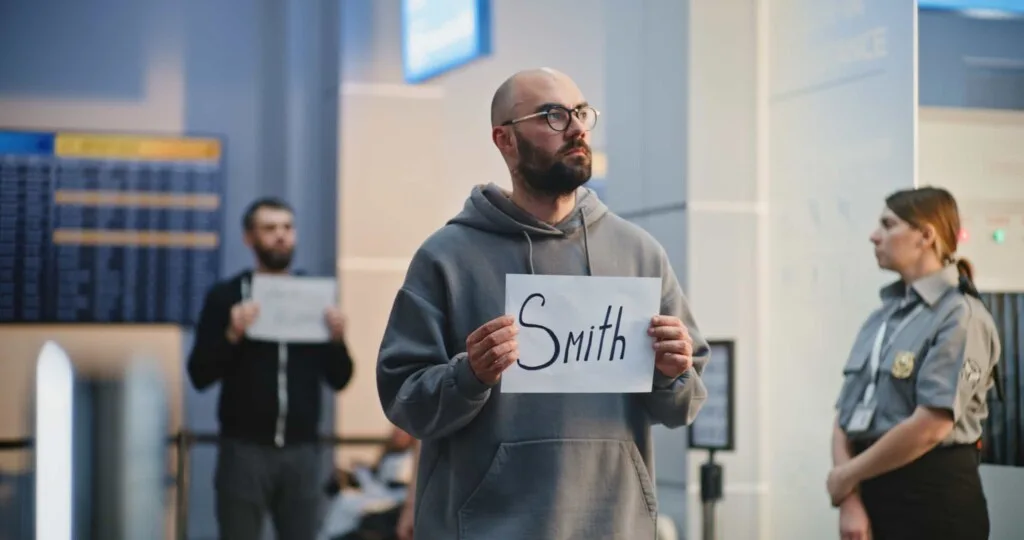 外國朋友抵達台灣機場，有人舉牌接機熱情迎接